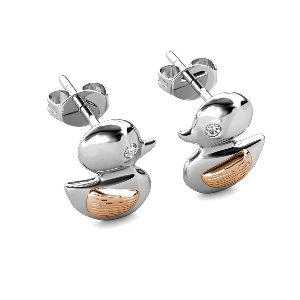 Cute Silver Duck Earrings With Rose Gold Wing And Swarovski Crystal - Picture 5 of 10
